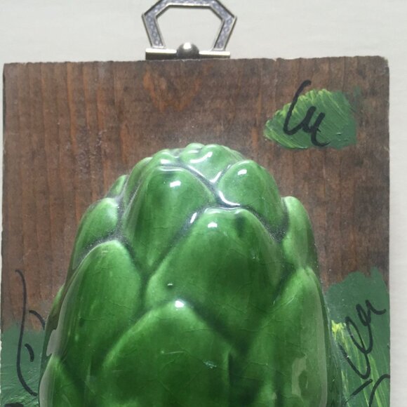 Vintage 1970's Handmade Artichoke Relief Folk Art On Wood Wall Sculpture Signed - Picture 3 of 10